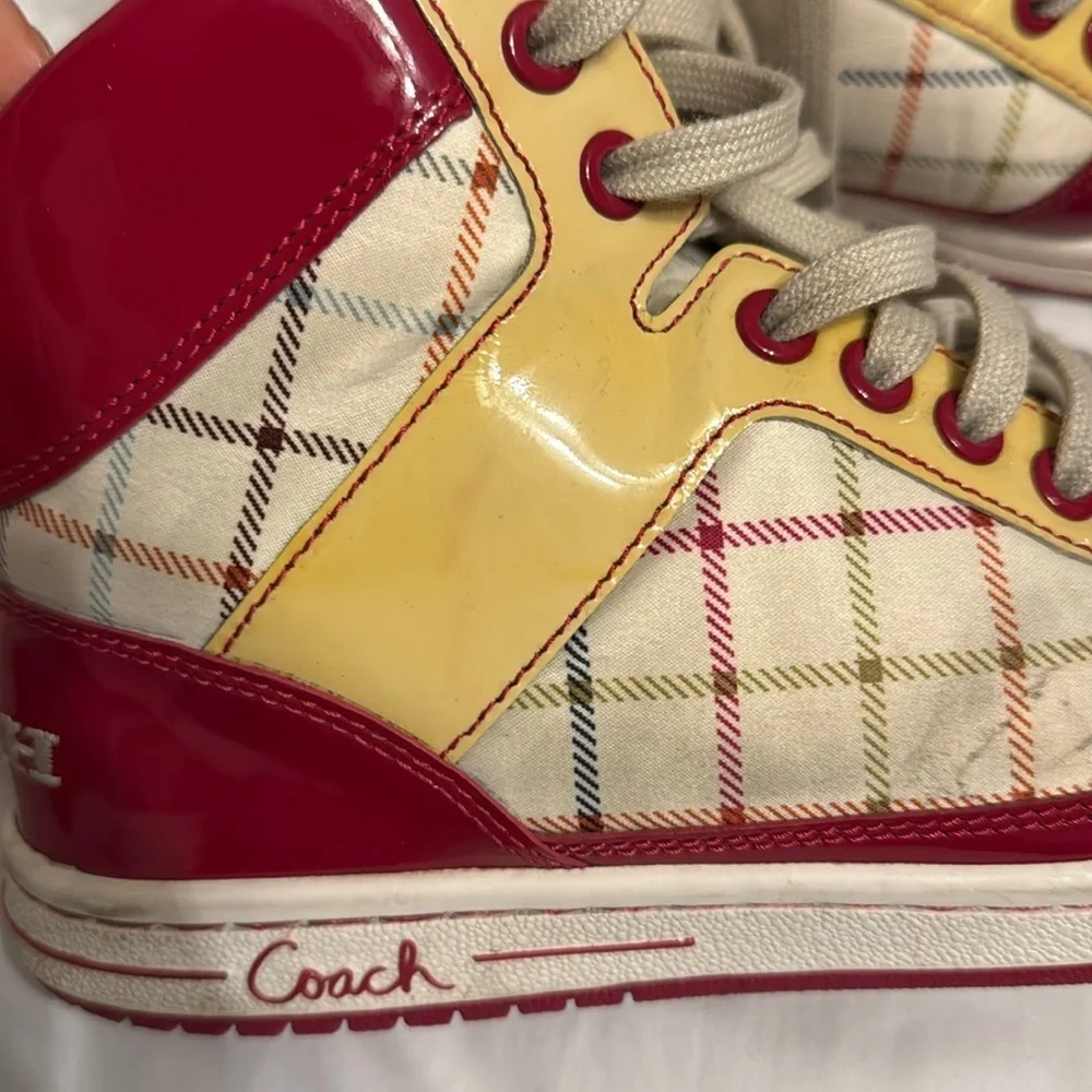 Coach Nora Tattersall 7.5 Pink Raspberry and Yellow Plaid Vegan Leather High Top